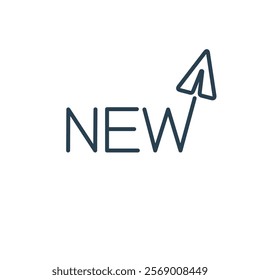 Inscription new with upward movement. Vector linear illustration isolated on white background.