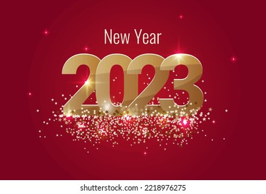 The inscription New Year 2023 on a red background with gold glitter stars