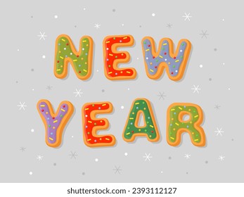 The inscription "New Year" on a light gray background. New Year's gingerbread cookies in the form of letters. Homemade Christmas cookies with colorful sweet sugar icing. Christmas banner, poster.