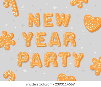 The inscription "New Year Party" on a gray background. New Year's gingerbread cookies in the form of letters, snowflake, heart, candy. Homemade Christmas cookies with colorful sweet sugar icing. 