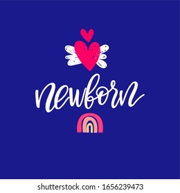 The inscription Newborn, white letters on a blue background, a rainbow and a heart with wings