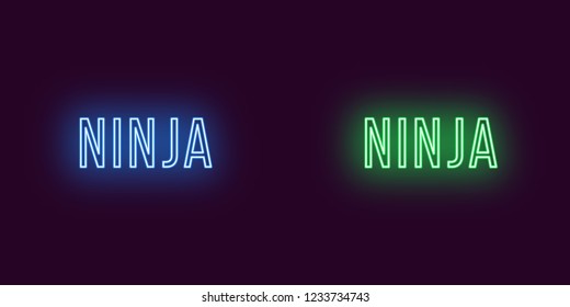 Inscription of Ninja in neon style. Vector illustration, glowing Text of Ninja in blue and green color. Isolated graphic element, icon and symbol on the dark background for design