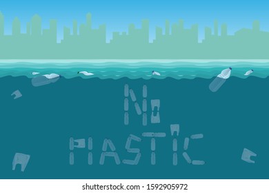 The inscription is not plastic. Plastic bottles at sea. Pollution of oceans and the environment by plastic waste. Environmental activist. Vector illustration