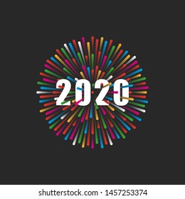 The inscription number 2020 logo on the background of a flash of fireworks for New Year's poster, banner, flyer for a party or calendar cover