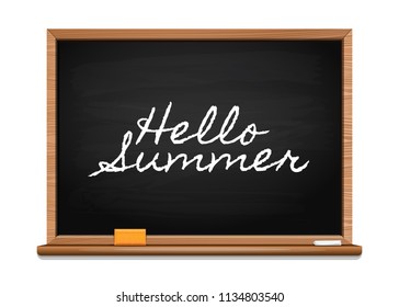 Inscription on the board. Hello summer. Summer lettering design. Vector illustration isolated on white background