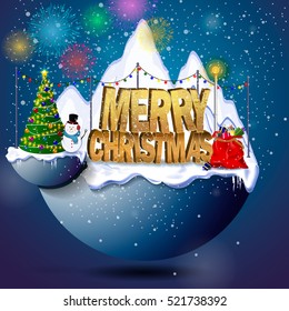 The inscription on Christmas standing in the snow next to Christmas tree and snowman, glowing night lights, Christmas bag with gifts on the background of mountains. Falling snow and fireworks.