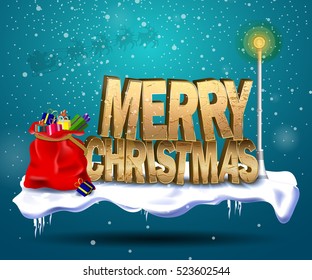 The inscription on Christmas standing in the snow next to a glowing lamp and a Christmas bag with gifts, snow falls.