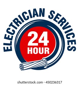 The Inscription On A Circle - ELECTRICIAN SERVICES, 24 HOUR And A Skein Of Electric Cable. Vector Logo And Sign.