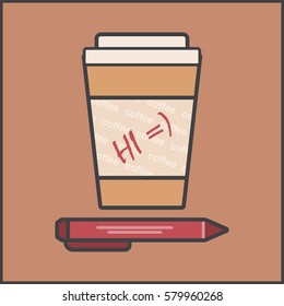 inscription on a coffee glass, fragrant drink, tea and coffee,plastic glass,vector image, flat design,outline style
