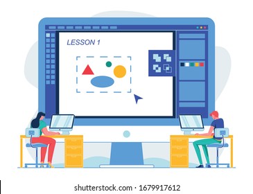 Inscription on Computer Monitor, Lesson 1, Flat. Student Man and Woman are Sitting at Tables and Working at Computers on Background Large Monitor. On Screen Program with Figures, Cartoon.