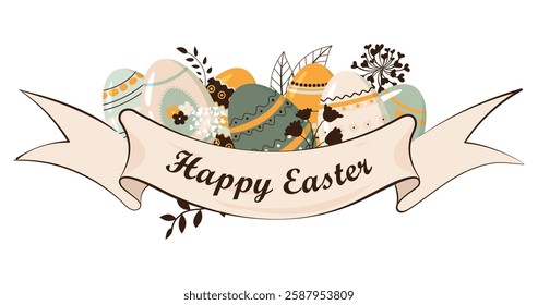 Inscription on the developing ribbon happy easter on the background of traditionally painted eggs. Traditional image for the Easter holiday. Easter. Holiday. Vector illustration.