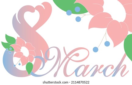 The inscription on March 8 on a white background with a pink flower. Vector illustration.