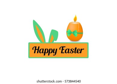 Inscription on the plate. Lettering Happy Easter and Easter egg candle with 
green bow. Vector illustration