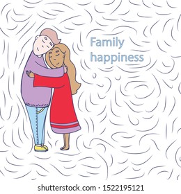 The inscription on the postcard Happy family. Married couple. Husband and wife. Doodles. Vector hand drawn stock illustration. Love in the family. Hearts. Postcard. Boy and girl.
