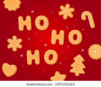 The inscription "НО НО НО" on a red background. New Year's gingerbread cookies in the form of letters, snowflake, christmas tree, candy. Homemade Christmas cookies with sweet sugar icing. Card, poster