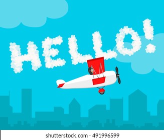 Inscription on the sky Hello! cloud letter flat vector design. Airplane illustration