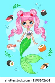 Inscription on the t-shirt "I love sushi". Cute mermaid girl with odango hairstyle. Vector illustration