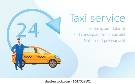 Inscription on White Background. Taxi Service. Taxi Driver in Blue Uniform Stands Near Yellow Car. Vector Illustration. 24 Hour Service. Bearded Man Driver in Uniform. Advertising Image.