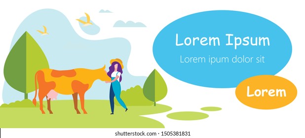 Inscription on White Background. Vector Illustration. Fresh Milk Production. People and Organic Production. Woman and Cow on Background Trees. Woman in Hat Stroking Brown Spotted Cow at Farm.