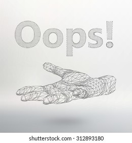 The inscription - Oops. Molecular lattice. Structural mesh of polygons on a white background. The hand holds the word