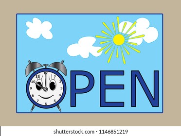 The inscription  "open" with morning sky on the plate. Sign for cafes, restaurants, shops. Vector EPS 10.