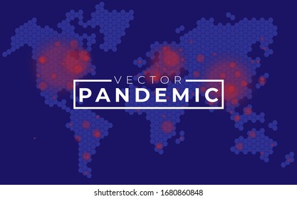 The inscription Pandemic on the background of the global map, blue color with marks of infection, infection of the world with coronavirus, quarantine, the spread of the virus. Pandemic. Deadly danger.