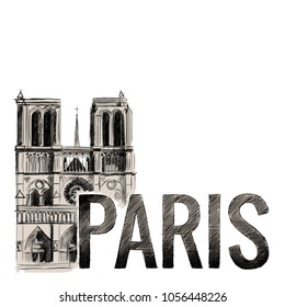 inscription Paris with the attraction Notre Dame Cathedral in the style of a quick careless pattern in color
