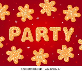 La inscripción "Partido" en un fondo rojo. Galletas de jengibre de Año Nuevo en forma de cartas con copos de nieve. Galletas navideñas caseras con azúcar dulce. Volante de Año Nuevo, banner, post