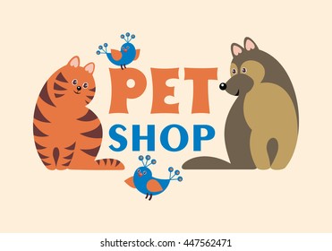 inscription "pet-shop" with images of pets. a design element can be used in the design of business cards, flyers, newsletters