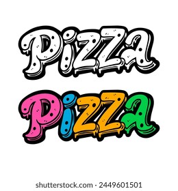 The inscription "Pizza" in black and white and color. Groovy retro hippie style lettering. Isolated on white. Vector illustration.