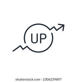 Inscription UP and pointer arrow upwards. Growth chart sign.  Arrow indicator statistic. Trade Graphic. Profit arrow. Vector linear icon illustration isolated on white background.