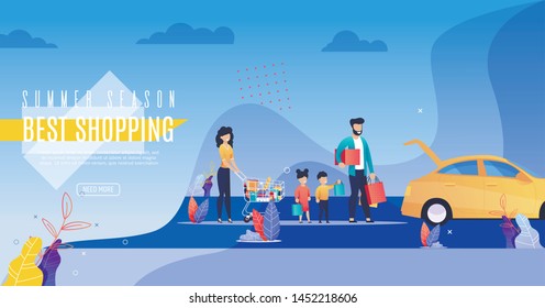 Inscription Poster Summer Season Best Shopping. Flyer Adults and Children Return to Car with Trolley from Supermarket Full Groceries and Bags Goods. Vector Illustration Landing Page.