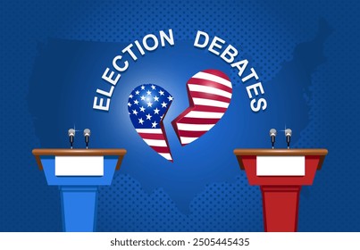 The inscription Presidential Debates on a dark blue background with two red and blue stands, stars, and a map of the USA.Heart in the colors of the US flag.A heart broken into two halves.Geometry 