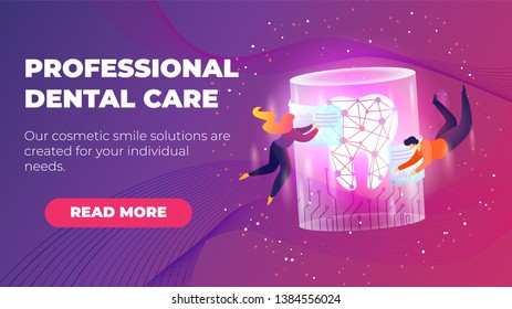 Inscription Professional Dental Care Flat Banner. Professional Dental Cleaning with Dentist or Hygienist. Help Removing Large Part External Plaque. Vector Illustration Landing Page.