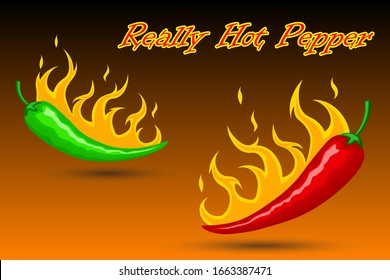 Inscription Really hot pepper. Illustration with red and green burning peppers. Close-up image in bright hot colors. Vector horizontal orientation. For cooking, websites, blogs, advertising