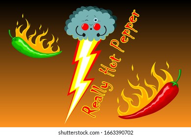 Inscription Really hot pepper. Illustration with red and green burning peppers. A cloud of lightning from burning. Vector horizontal orientation. For cooking, websites, blogs, advertising