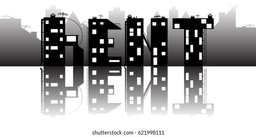 Inscription rent made from original building alphabet with night city background.