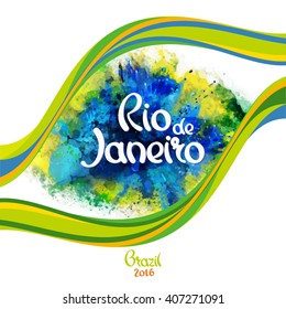 Inscrição Rio de Janeiro em um fundo aquarela manchas com linhas onduladas, cores da bandeira brasileira, Brasil Carnaval, tintas aquarela, cor da tinta.