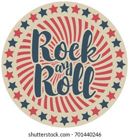 The inscription rock and roll on round vector emblem with the rays and red and blue stars in retro style