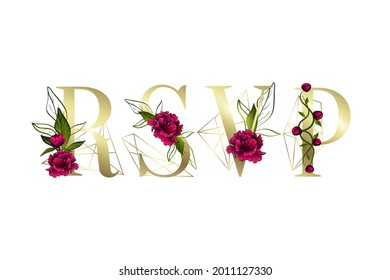 Inscription of RSVP for Greeting card design. Floral decor.