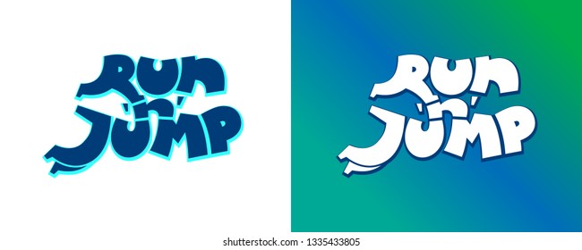 Inscription Run and jump. Letter R form running man, jumping style character J. Corporate sign for game company or sport service. Creative vector illustration