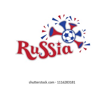The inscription Russia. Hand drawn vector emblem Russia with attribute football fans. For leaflets, booklets, brochures, banners, posters, postcards, Souvenirs with Russian symbols