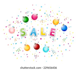 Inscription sale with Christmas balls and confetti, illustration.