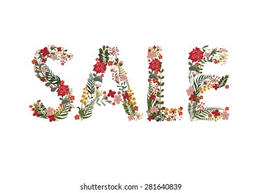 The inscription "Sale" Laid flowers and leaves.
Editable Vector Cute floral card on a white background.