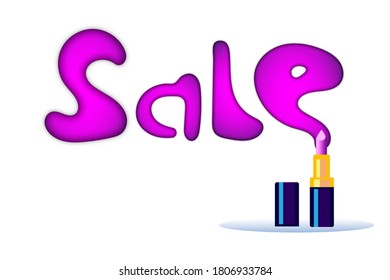 The inscription sale is made by a woman's pink lipstick standing next to it. The concept of marketing and holiday price reduction.