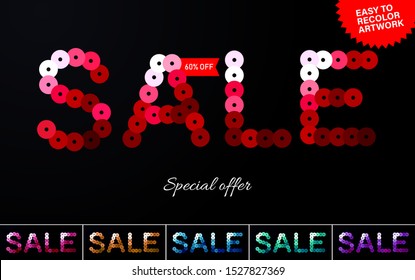 The inscription Sale made from flat sequins for holiday cards, design, special offers and discounts. Festive concept of Christmas sales or Black Friday