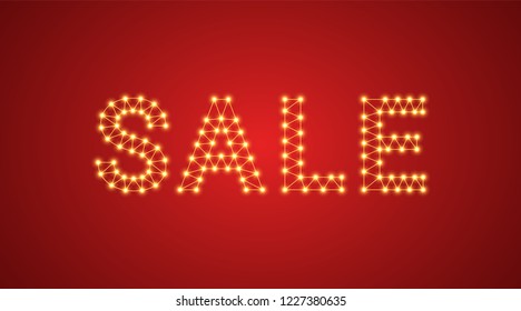 Inscription of Sale with neon lamps. Vector illustration, glowing Text of Sale in golden color. Isolated graphic element on the dark red background for design