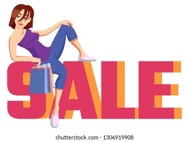 The inscription SALE Pink and Orange. On the Letters Sits Cute Girl with Purchases. Sale Discount Illustration - Graphic Price Label. Offer Sale Vector illustration