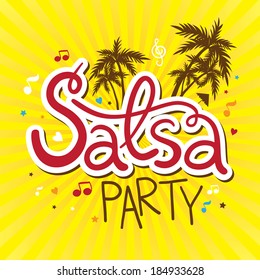 Inscription Salsa party with palms, music and confetti