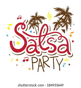 Inscription Salsa party with palms, music and confetti